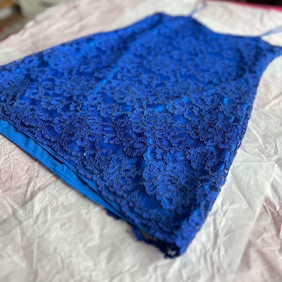 EUC VTG 90s slip M Bretton’s Private Label bright cobalt blue lace overlay MINT - Picture 14 of 16